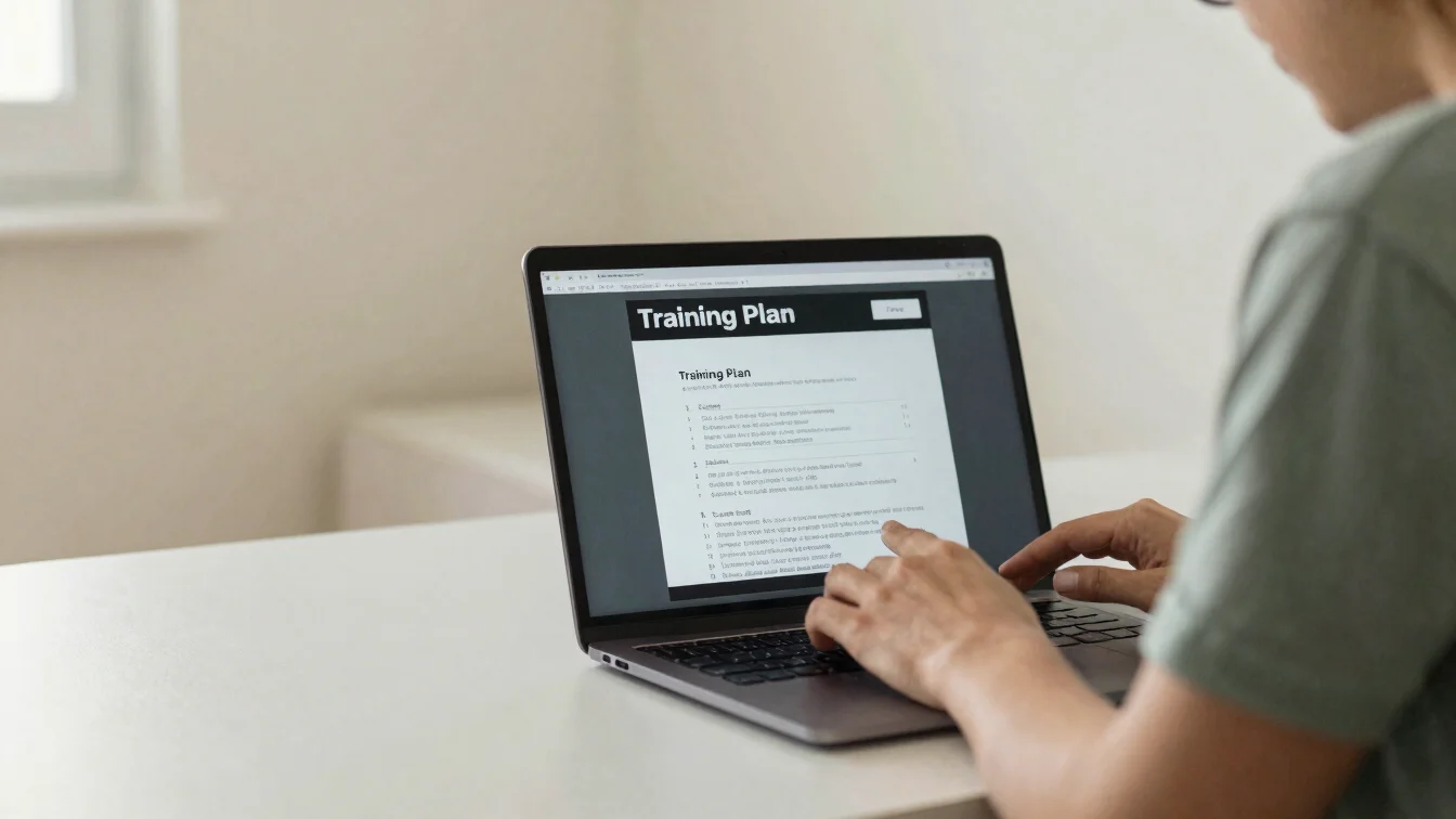 Candid photograph of a person reviewing a training plan on a lapt