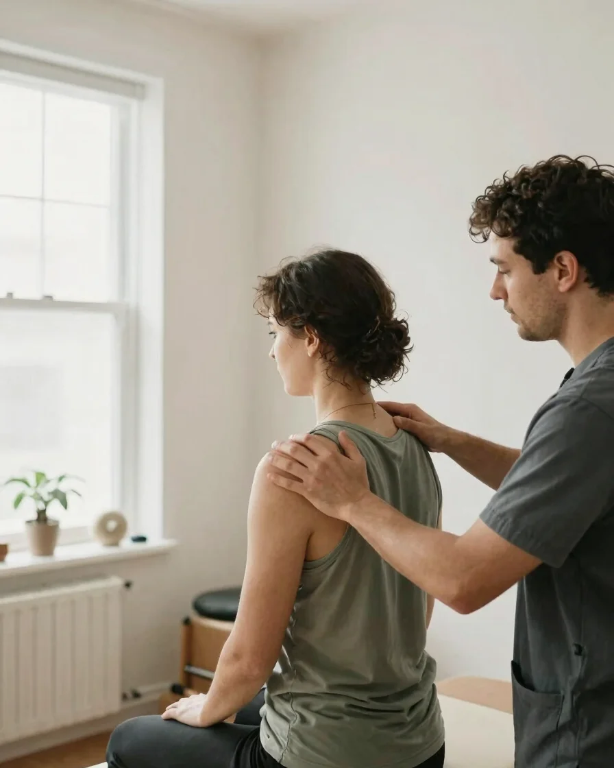 Physiotherapist guiding a client through a hands-on shoulder asse