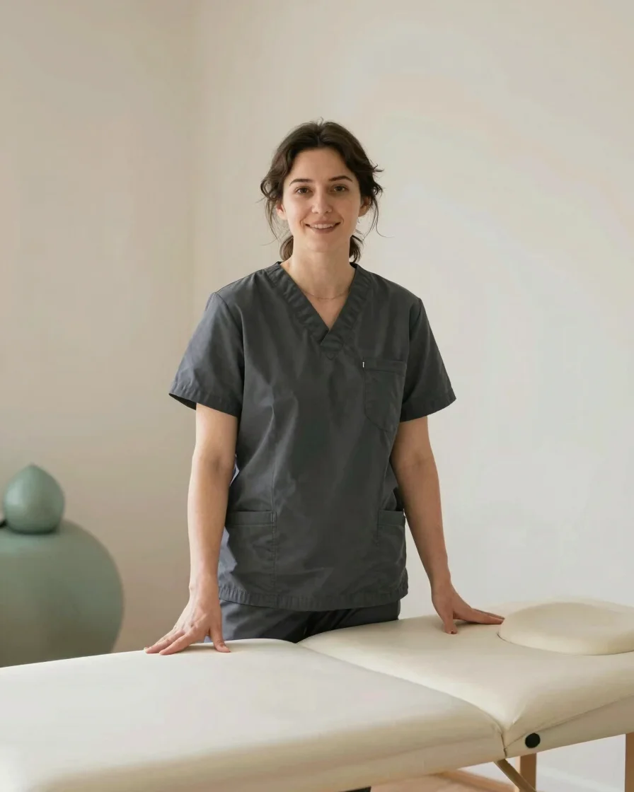 Authentic editorial portrait of a physiotherapist in a calm, uncl